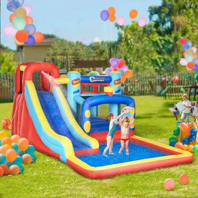 Outsunny 4 in 1 Bouncy Castle, with Slide, Pool, Trampoline, Climbing Wall, Blower - Multicoloured 