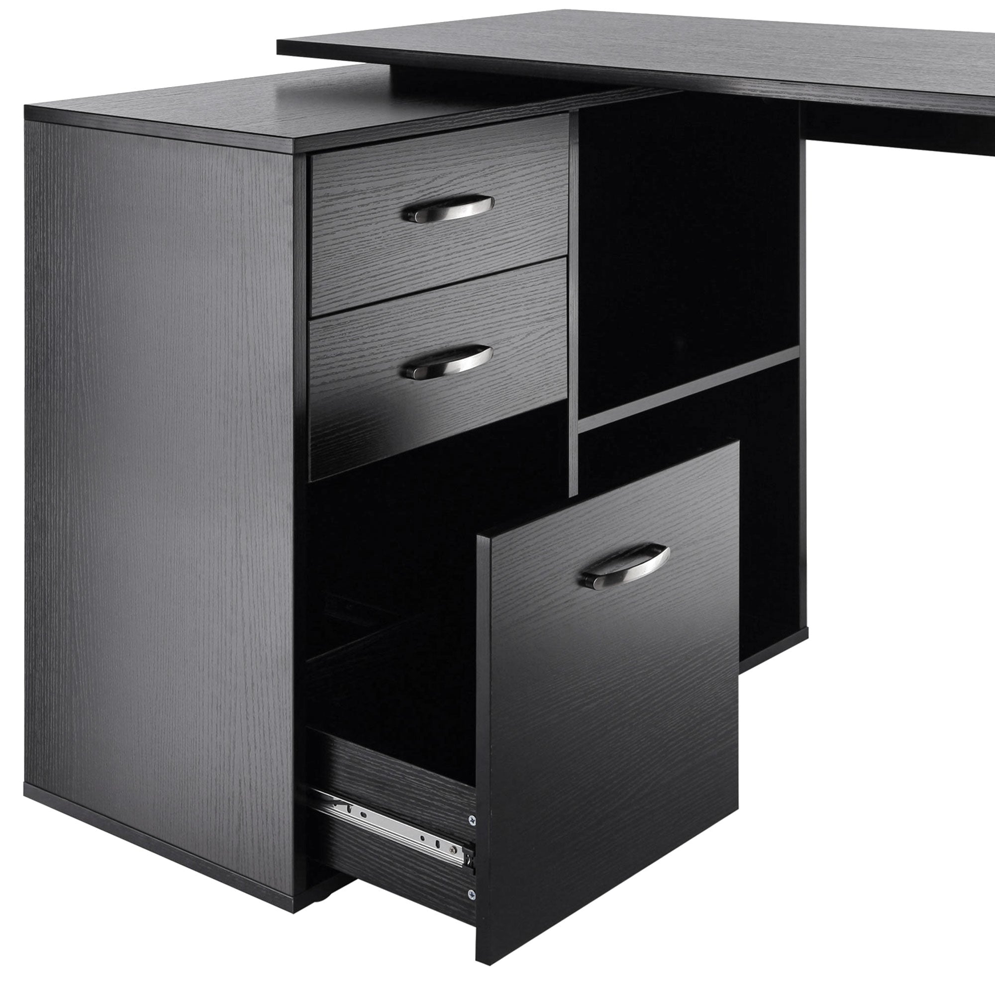 HOMCOM L Shaped Computer Desk, Reversible Home Office Desk with Drawers, File Cabinet and Storage Shelves, Study Table, 117 x 83.5 x 76cm, Black 