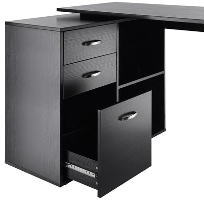 HOMCOM L Shaped Computer Desk, Reversible Home Office Desk with Drawers, File Cabinet and Storage Shelves, Study Table, 117 x 83.5 x 76cm, Black 