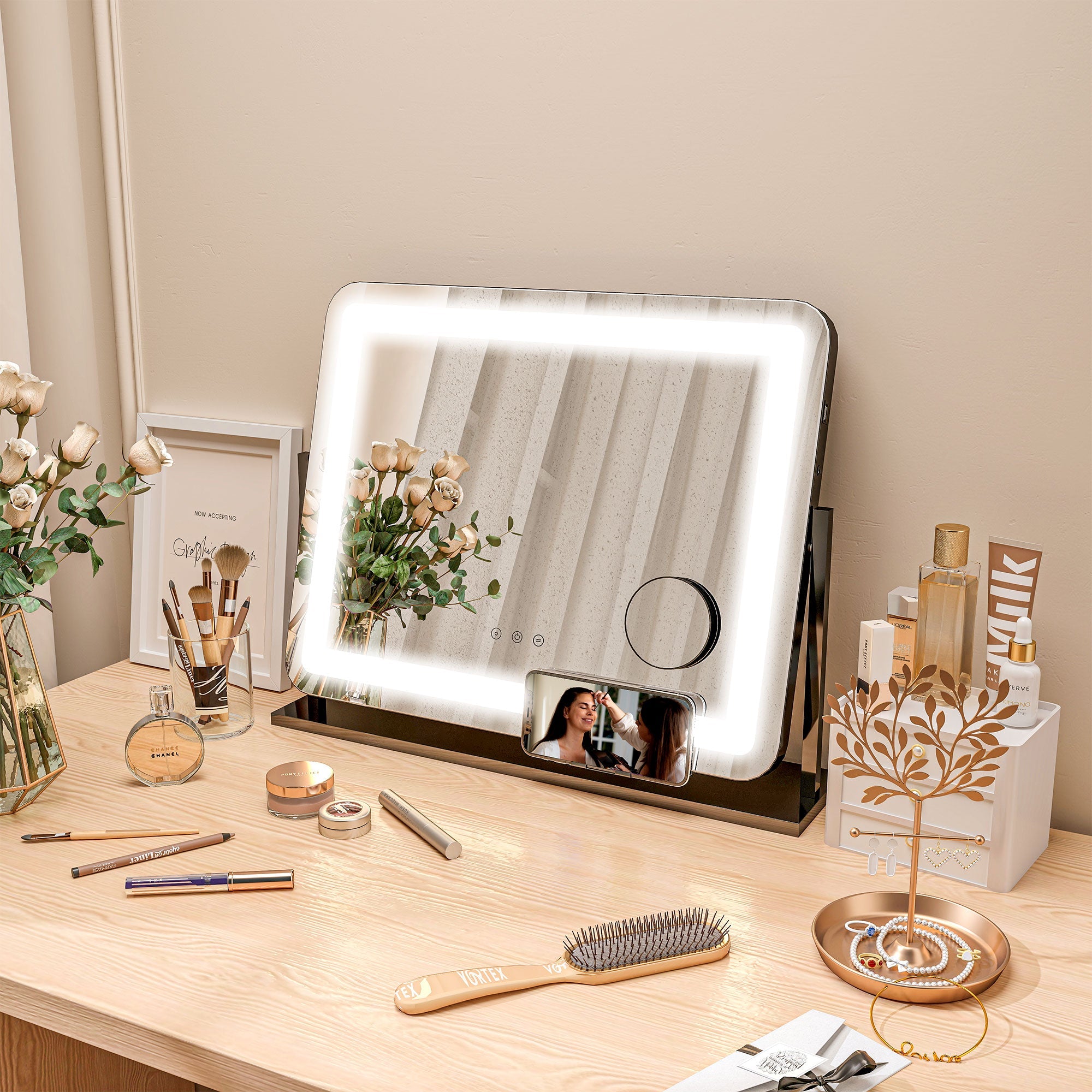HOMCOM LED Light Tabletop Makeup Mirror, with Adjustable Settings 