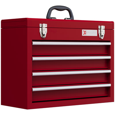 DURHAND Lockable Metal Tool Box, 4 Drawer Tool Chest with Latches, Handle, Ball Bearing Runners, Red 