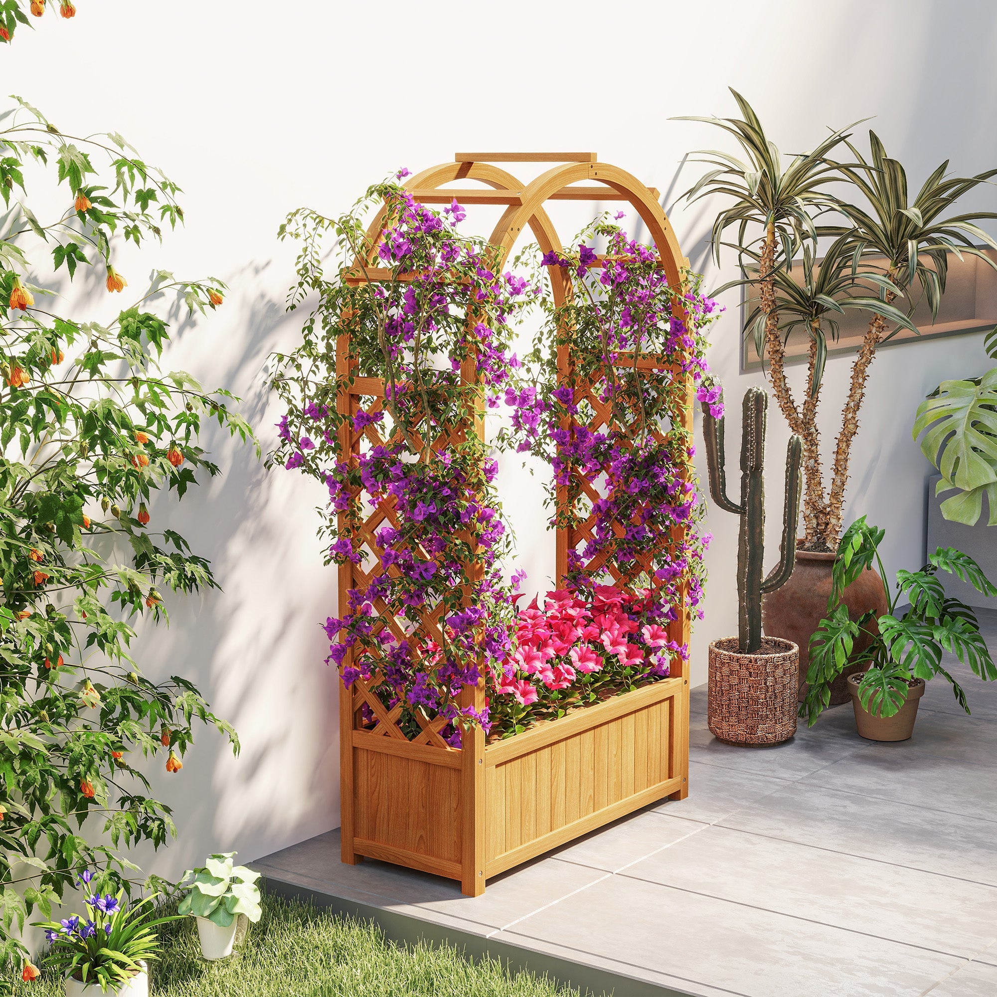 Outsunny Wooden Raised Garden Bed with Trellis, Liner, Drainage Holes, for Vine Climbing Plants, Flowers, 83 x 36 x 145 cm 