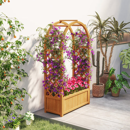 Outsunny Wooden Raised Garden Bed with Trellis, Liner, Drainage Holes, for Vine Climbing Plants, Flowers, 83 x 36 x 145 cm 