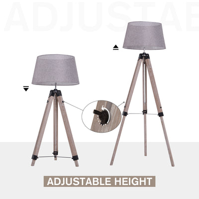 HOMCOM Tripod Floor Lamps for Living Room Bedroom, Modern Adjustable Standing Lamp with Wood Legs, Drum Fabric Shade, 99-143cm, Grey 