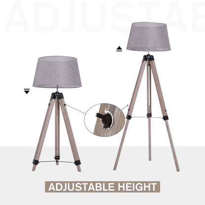 HOMCOM Tripod Floor Lamps for Living Room Bedroom, Modern Adjustable Standing Lamp with Wood Legs, Drum Fabric Shade, 99-143cm, Grey