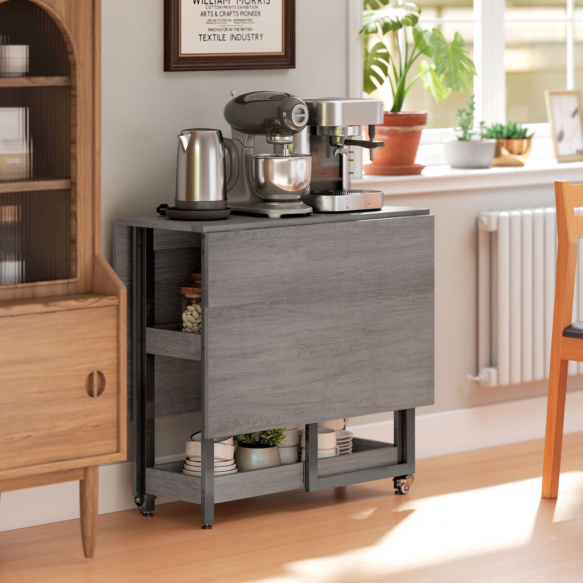HOMCOM Industrial Folding Dining Table, Drop Leaf Table with Open Compartments for Small Spaces, Kitchen, Dining Room, Grey