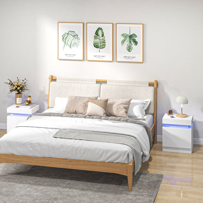HOMCOM Set of 2 White Bedside Tables with LED Lights, High Gloss Front Nightstands with 4 Drawers 