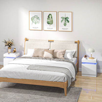 HOMCOM Set of 2 White Bedside Tables with LED Lights, High Gloss Front Nightstands with 4 Drawers 