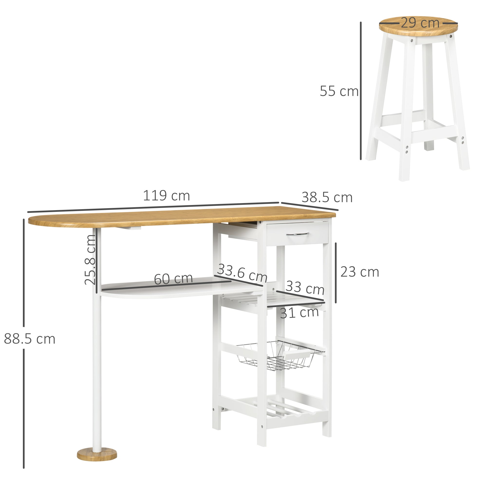 HOMCOM 3 Piece Bar Table Set, Breakfast Bar table and Stools with Storage Shelf, Drawer, Wire Basket and Wine Rack for Kitchen, Home Bar, Natural and White 