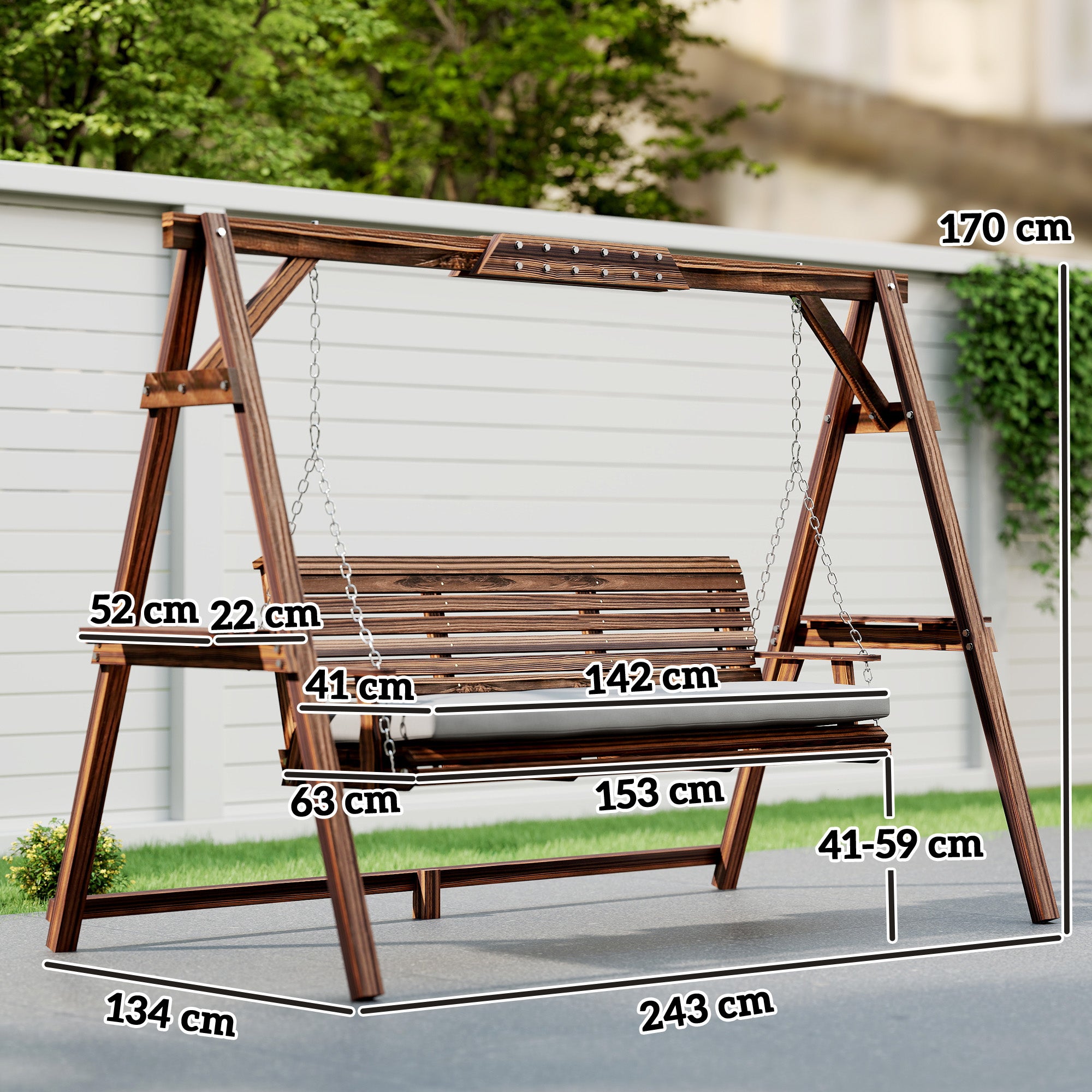 Outsunny 3 Seater Garden Swing Seat, Wooden Swing Chair Bench with Cushion, Side Trays and Metal Chains, for Outdoor Porch Patio, Carbonised Brown 