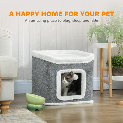 PawHut Cat House for Indoor Kittens, 2-Level Cat Cave Bed with Fluffy Balls, Top Bed, Kitten Barrel for Multi Kitties, Grey 