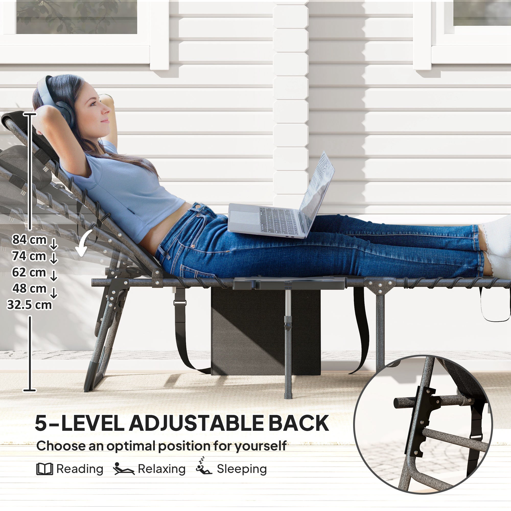 Outsunny Five-Position Reclining Sun Lounger - Black 