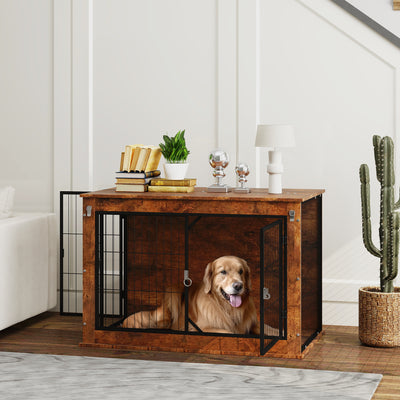 PawHut Dog Crate Furniture with Flip-up Top, 2 Doors, for Large Dogs, 98 x 60 x 65.5cm, Rustic Brown 