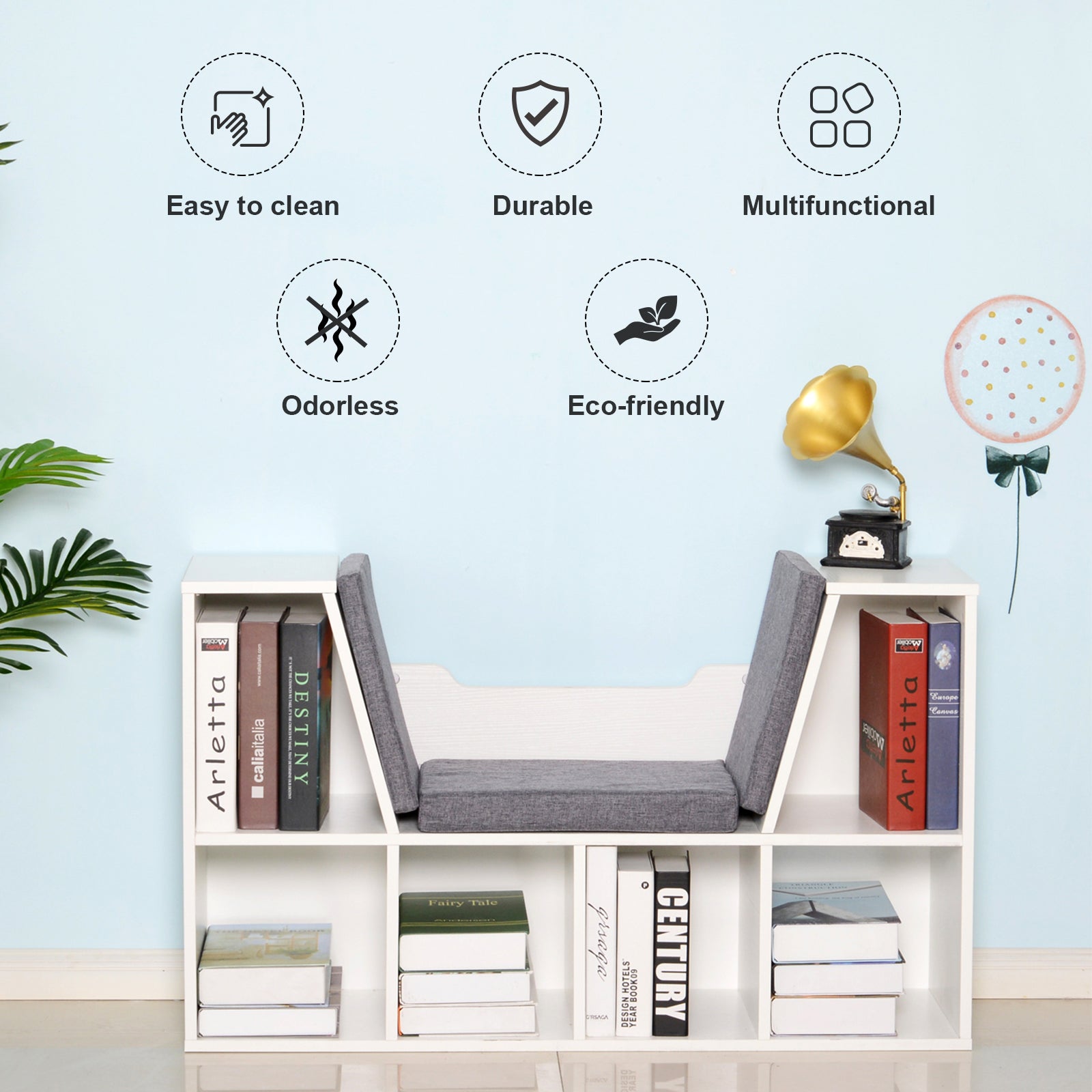 HOMCOM Bookcase Storage Shelf with Cushioned Reading Seat, Cube Bookshelf Organizer for Bedroom Living Room, White 