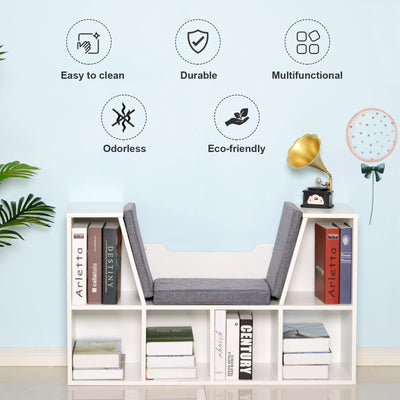 HOMCOM Bookcase Storage Shelf with Cushioned Reading Seat, Cube Bookshelf Organizer for Bedroom Living Room, White 