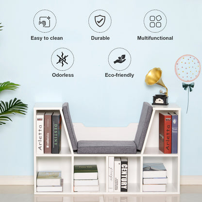 HOMCOM Bookcase Storage Shelf with Cushioned Reading Seat, Cube Bookshelf Organizer for Bedroom Living Room, White 