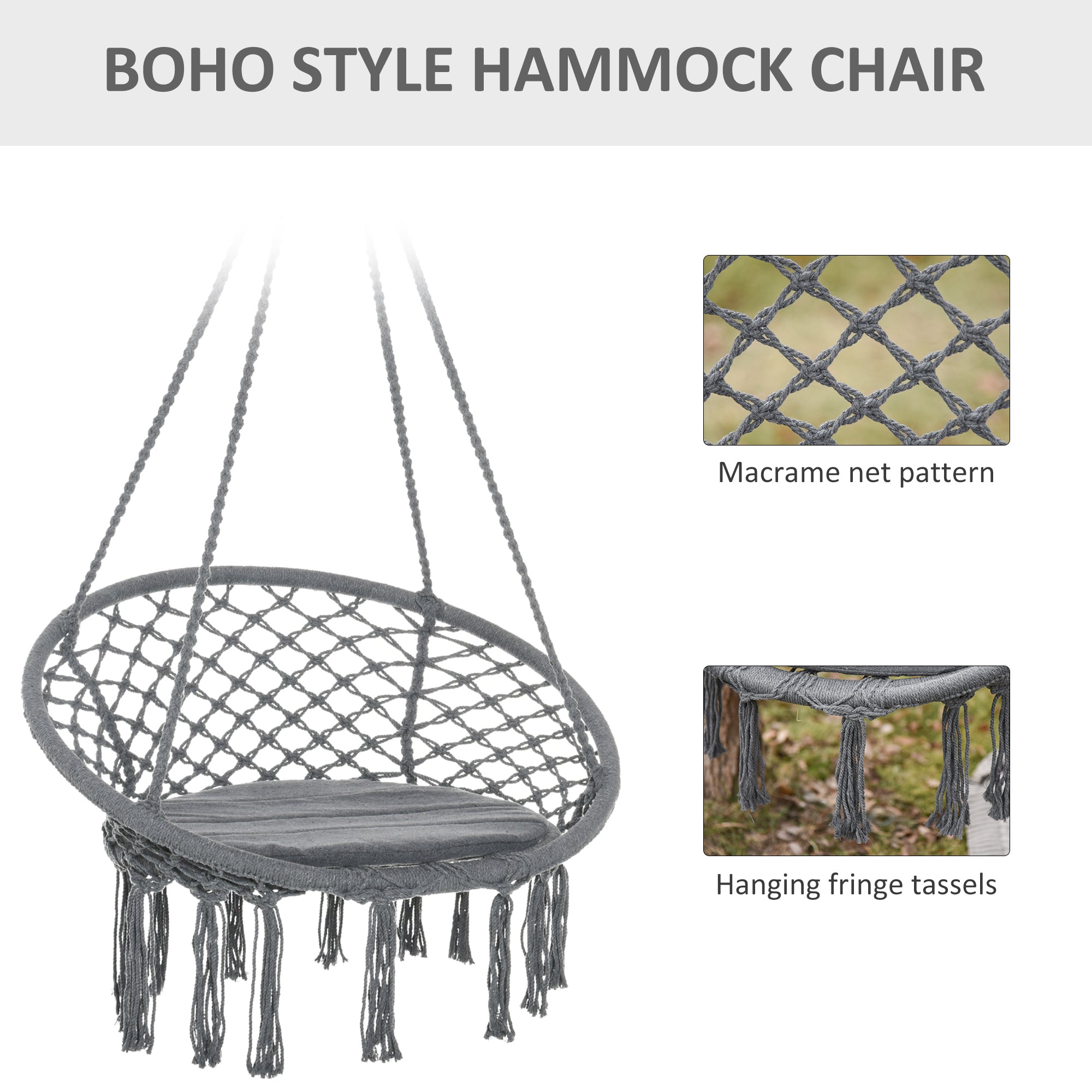 Outsunny Outdoor Cotton-Polyester Blend Macrame Hanging Rope Chair with Cushion, Portable Garden Chair with Fringe Tassels for Patio, Deck, Tree, Grey 