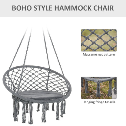 Outsunny Outdoor Cotton-Polyester Blend Macrame Hanging Rope Chair with Cushion, Portable Garden Chair with Fringe Tassels for Patio, Deck, Tree, Grey 