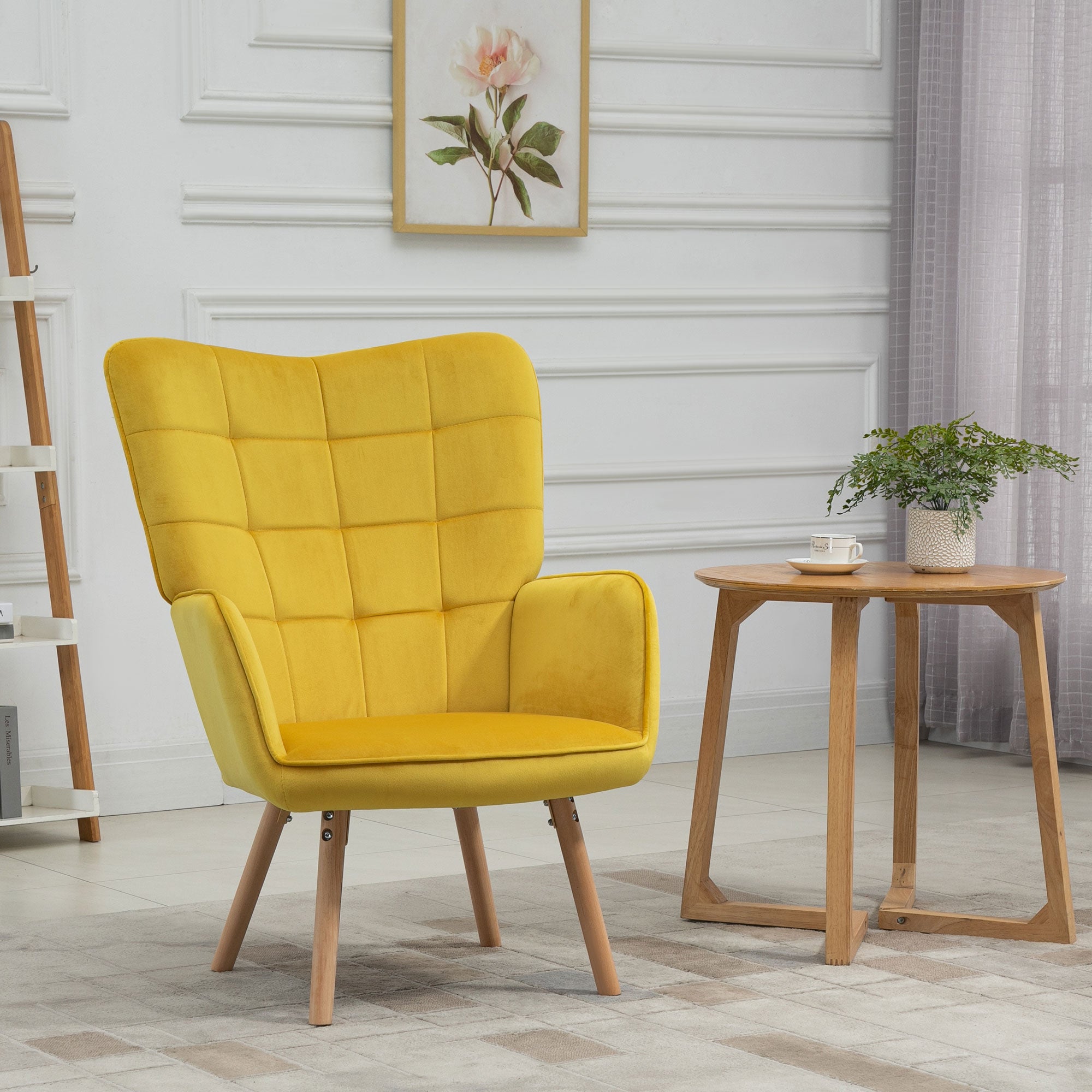 HOMCOM Modern Accent Chair, Upholstered Tufted Wingback Armchair with Seat Padding, Leisure Lounge Bedroom Chair with Wood Legs, Yellow 