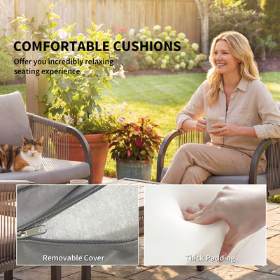 Outsunny 4 Piece Rattan Garden Furniture Set with Loveseat, Armchairs, Table, Steel Frame Wicker Patio Conversation Set, Grey 