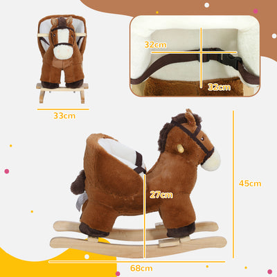 AIYAPLAY Kids Rocking Horse, Plush Ride on Horse, with Sound, Wood Base, for Ages 18-36 Months, Brown 