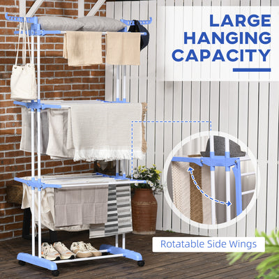 HOMCOM Foldable Clothes Drying Rack, 4-Tier Steel Garment Laundry Rack with Castors for Indoor and Outdoor Use, Blue 