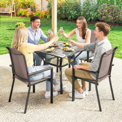 Outsunny 5 Pieces Outdoor Dining Set for 4, Garden Table and Stackable Chairs with Breathable Mesh Seat, Grey and Khaki 