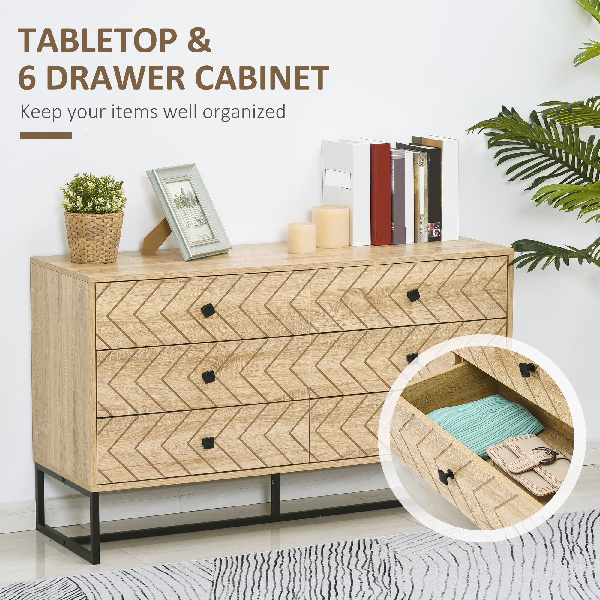 HOMCOM Bedroom Chest of Drawers, 6 Drawer Dresser, Sideboard Cabinet with Zigzag Design and Metal Base, Storage Drawer Unit, 120x71cm, Natural 