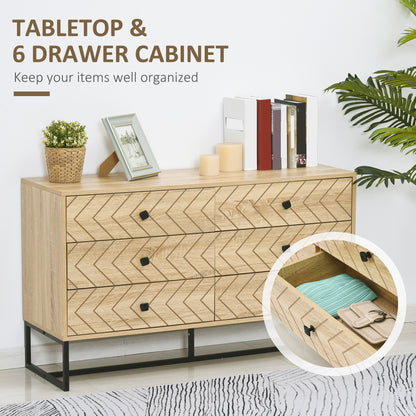 HOMCOM Bedroom Chest of Drawers, 6 Drawer Dresser, Sideboard Cabinet with Zigzag Design and Metal Base, Storage Drawer Unit, 120x71cm, Natural 