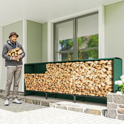 Outsunny Firewood Rack with Waterproof Cover, Heavy Duty Metal Log Store Indoors, Log Storage Holder for Outdoor Indoor Fireplace, 300 x 36 x 99 cm, Dark Green 