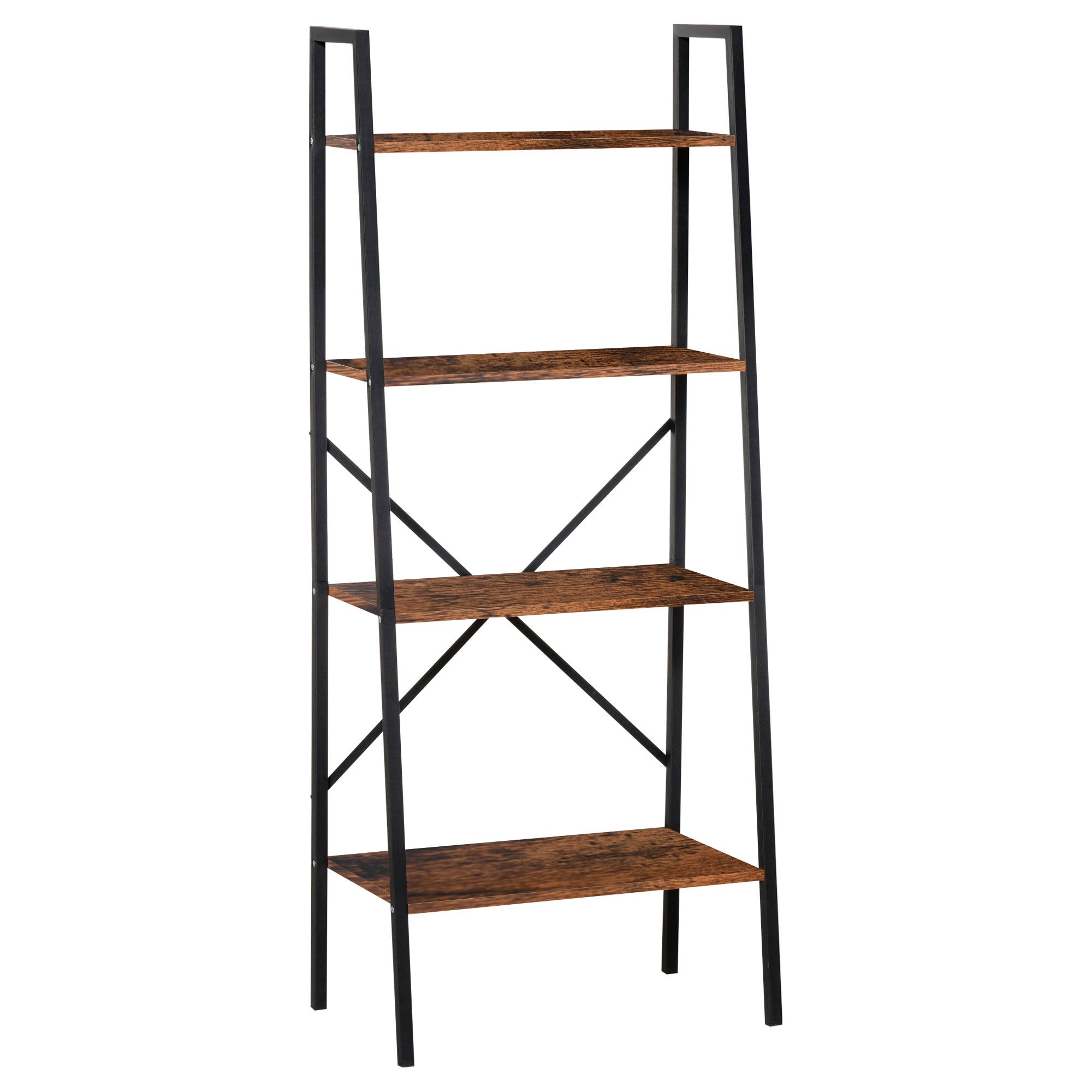 HOMCOM Bookcase 4-Tier Vintage Ladder Shelf with Wood Storage Rack, Stand Plants Display, Black and Brown 