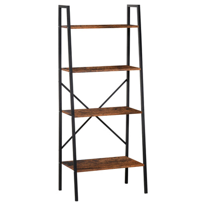 HOMCOM Bookcase 4-Tier Vintage Ladder Shelf with Wood Storage Rack, Stand Plants Display, Black and Brown 