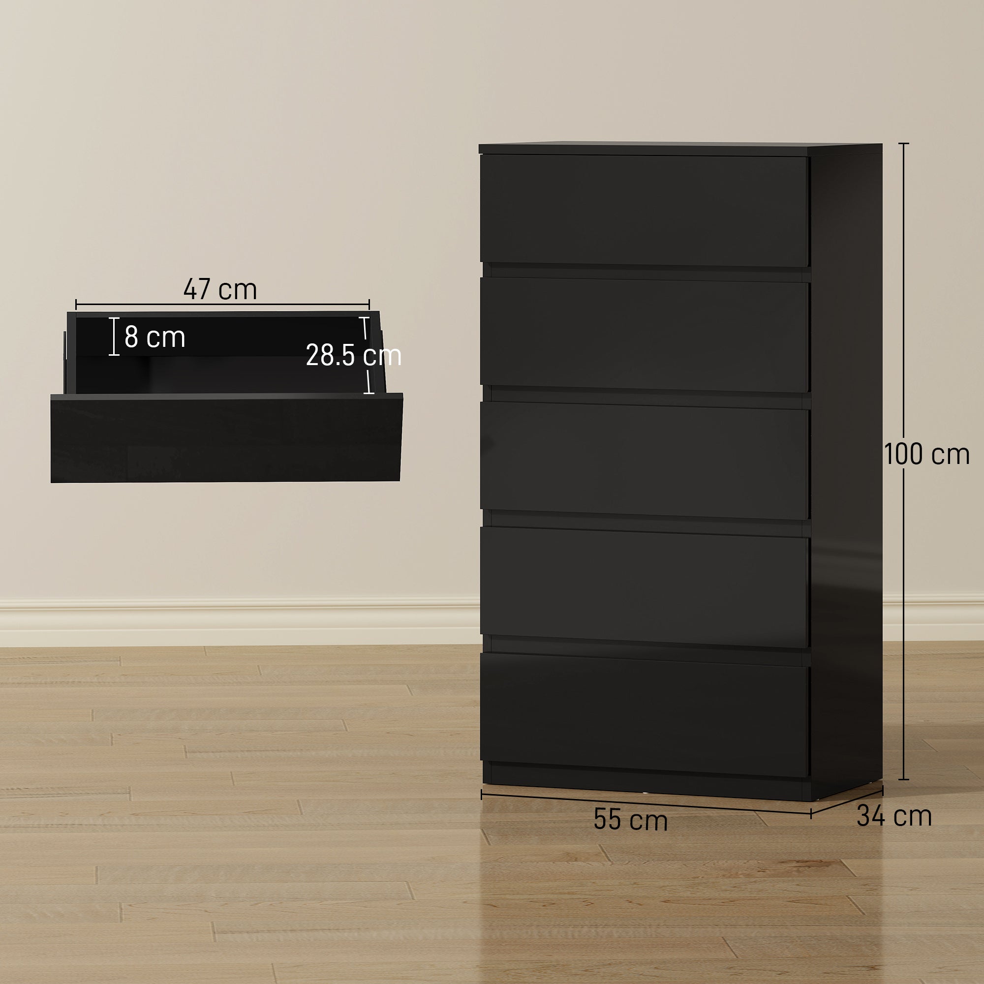 HOMCOM Chest of Drawers, 5-Drawer Storage Cabinets, Modern Dresser, Storage Drawer Unit for Bedroom 