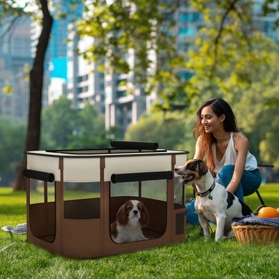 PawHut Foldable Dog Pen with Storage Bag for Indoor/Outdoor Use, Portable Pet playpen, with Ground Stakes - Brown 