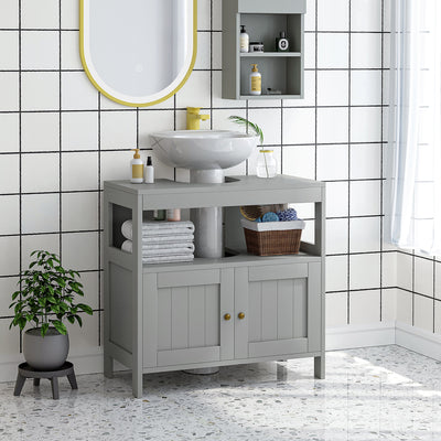 kleankin Pedestal Under Sink Cabinet with Double Doors, Modern Bathroom Vanity Storage Unit with Shelves, Light Grey 