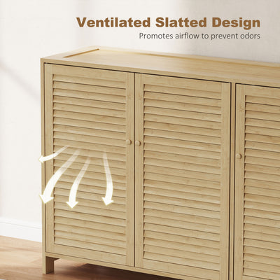 HOMCOM Bamboo Shoe Cabinet with Louvered Doors, 18 Pairs Shoe Storage Cabinet with Adjustable Shelves for Hallway, Natural 