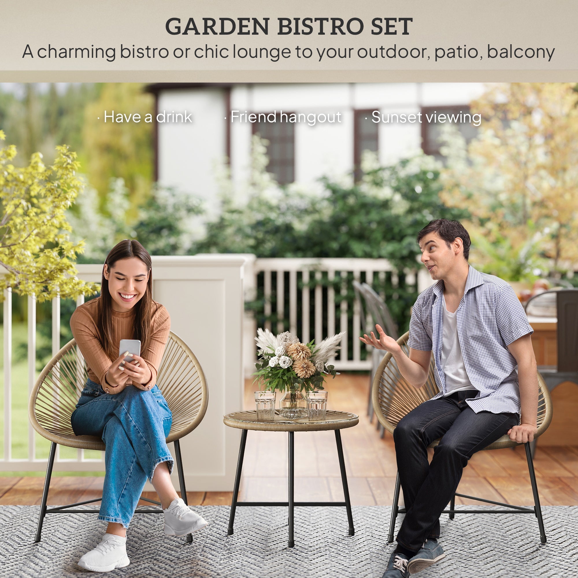 Outsunny 3 Pieces Rattan Bistro Set, Garden Bistro Set with Acapulco Chairs and Glass Top Table, Small Garden Furniture Set with Reinforced Metal Frame for Outdoor, Patio, Balcony, Natural 