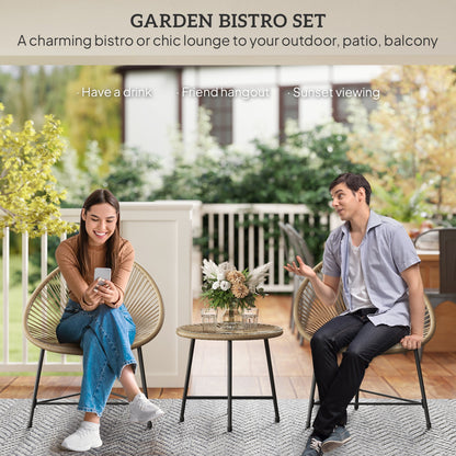 Outsunny 3 Pieces Rattan Bistro Set, Garden Bistro Set with Acapulco Chairs and Glass Top Table, Small Garden Furniture Set with Reinforced Metal Frame for Outdoor, Patio, Balcony, Natural 