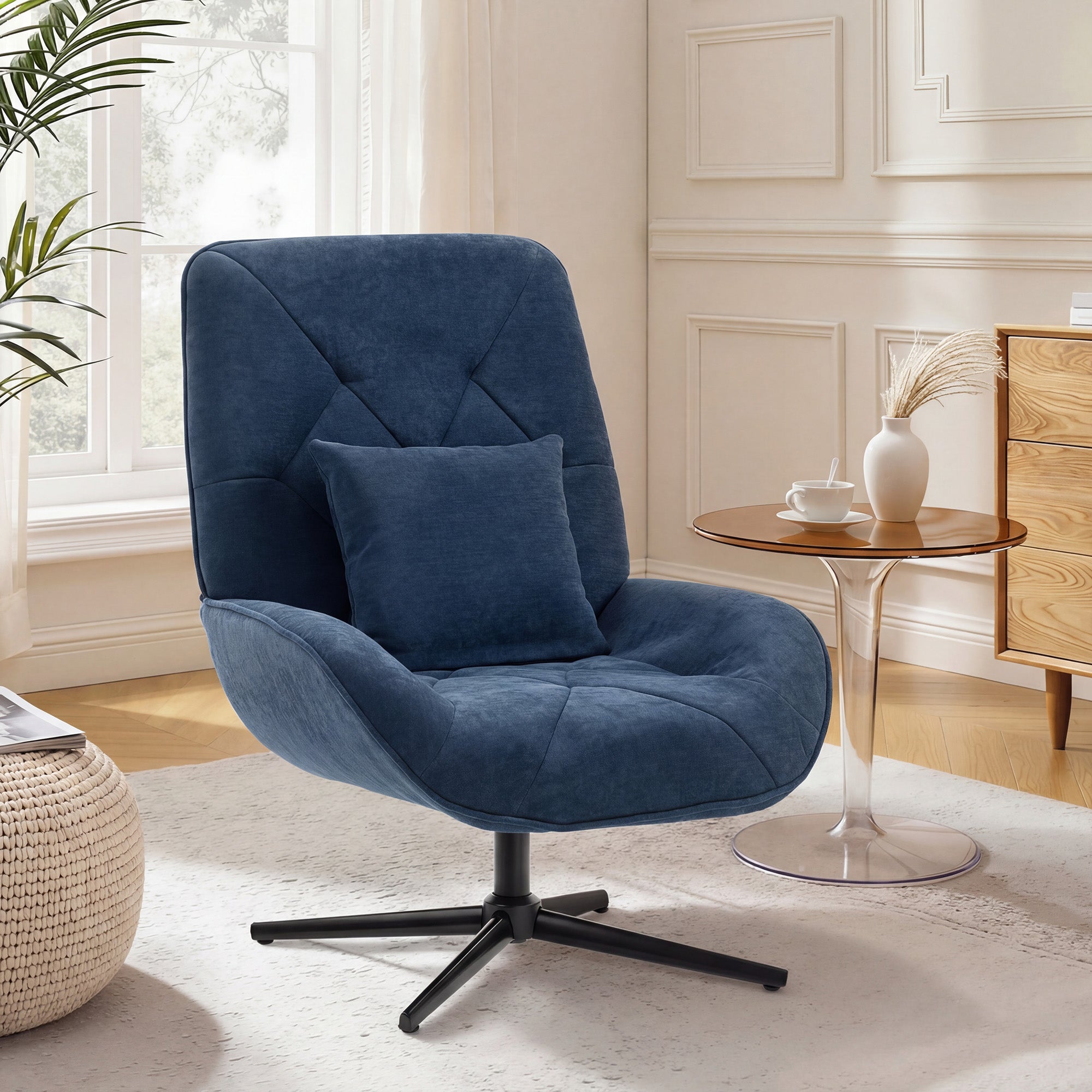 HOMCOM Accent Chair, Chenille Upholstered Swivel Armchair with Lumbar Pillow, High Back, Deep Seat and Metal Legs, Dark Blue 