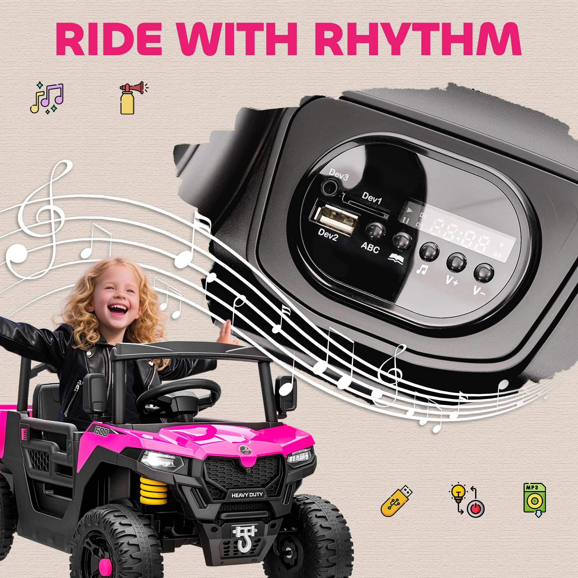 AIYAPLAY Kids Ride on Car, 12V Electric Kids UTV with Electric Dump Bed, 4-Wheel Suspension for 3-8 Years, Pink 
