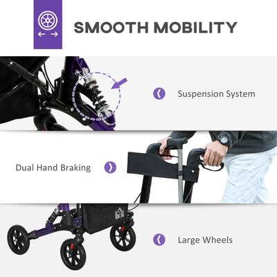 HOMCOM Folding Rollator Walker with Seat, Backrest, Lightweight Walking Frame with Storage Bag, Dual Brakes, Adjustable Handle Height, Suspension System, 4 Wheeled Walker for Seniors, Purple 