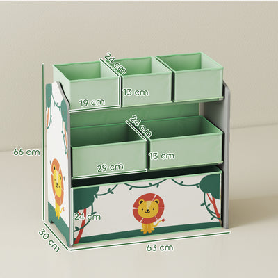 AIYAPLAY Kids Toy Storage Units, 3-Tier Toy Organiser Shelf with 6 Removable Boxes for Kids, Bedroom, Playroom, Green 