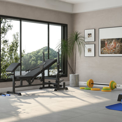 HOMCOM Weight Bench with Adjustable Barbell Rack, Leg Extension, Preacher Curl Pad and 20kg Barbell Set 
