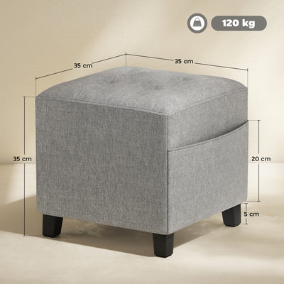 HOMCOM Square Footstool, Small Ottoman with Side Pocket, Linen Fabric Footrest Foot Stool with Rubber Wood Legs and Padded Seat for Living Room, Bedroom, Entryway, 35 x 35 x 35cm, Light Grey 