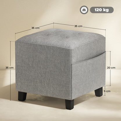 HOMCOM Square Footstool, Small Ottoman with Side Pocket, Linen Fabric Footrest Foot Stool with Rubber Wood Legs and Padded Seat for Living Room, Bedroom, Entryway, 35 x 35 x 35cm, Light Grey
