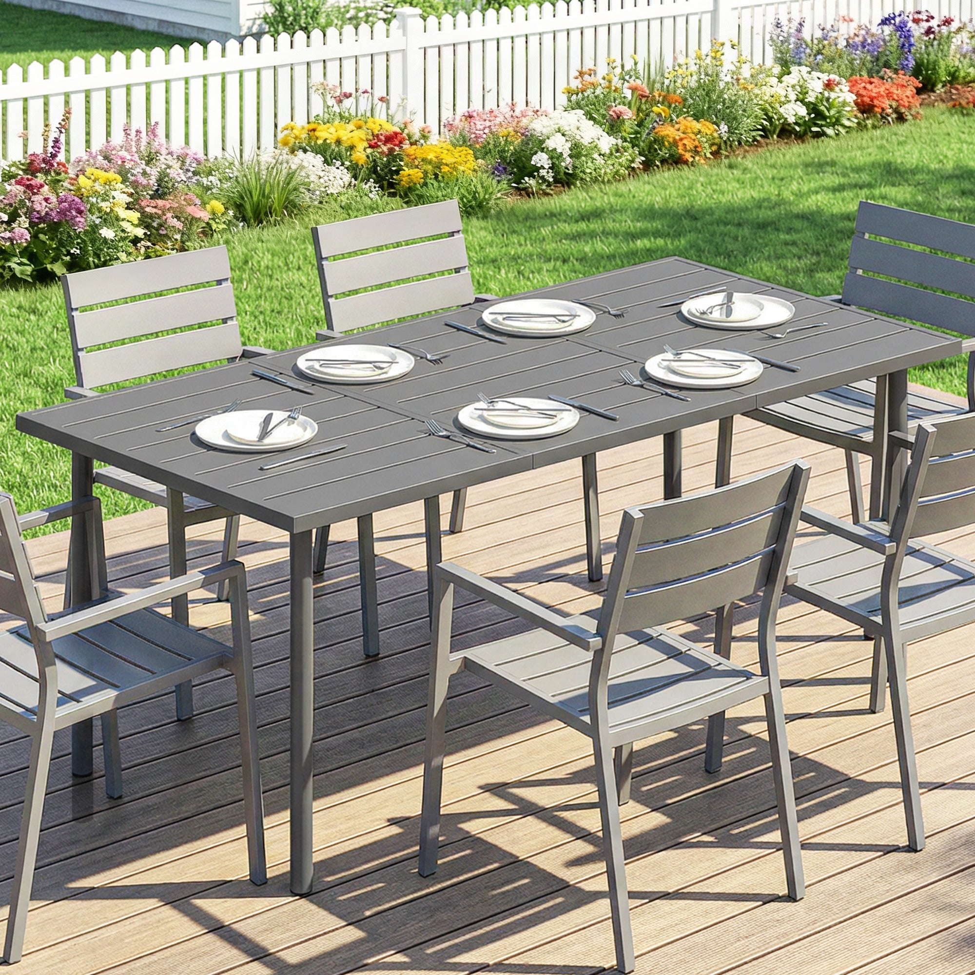Outsunny Garden Dining Table for 6 Person, 165 x 80 cm Rectangular Outdoor Dining Table with Slatted Top 