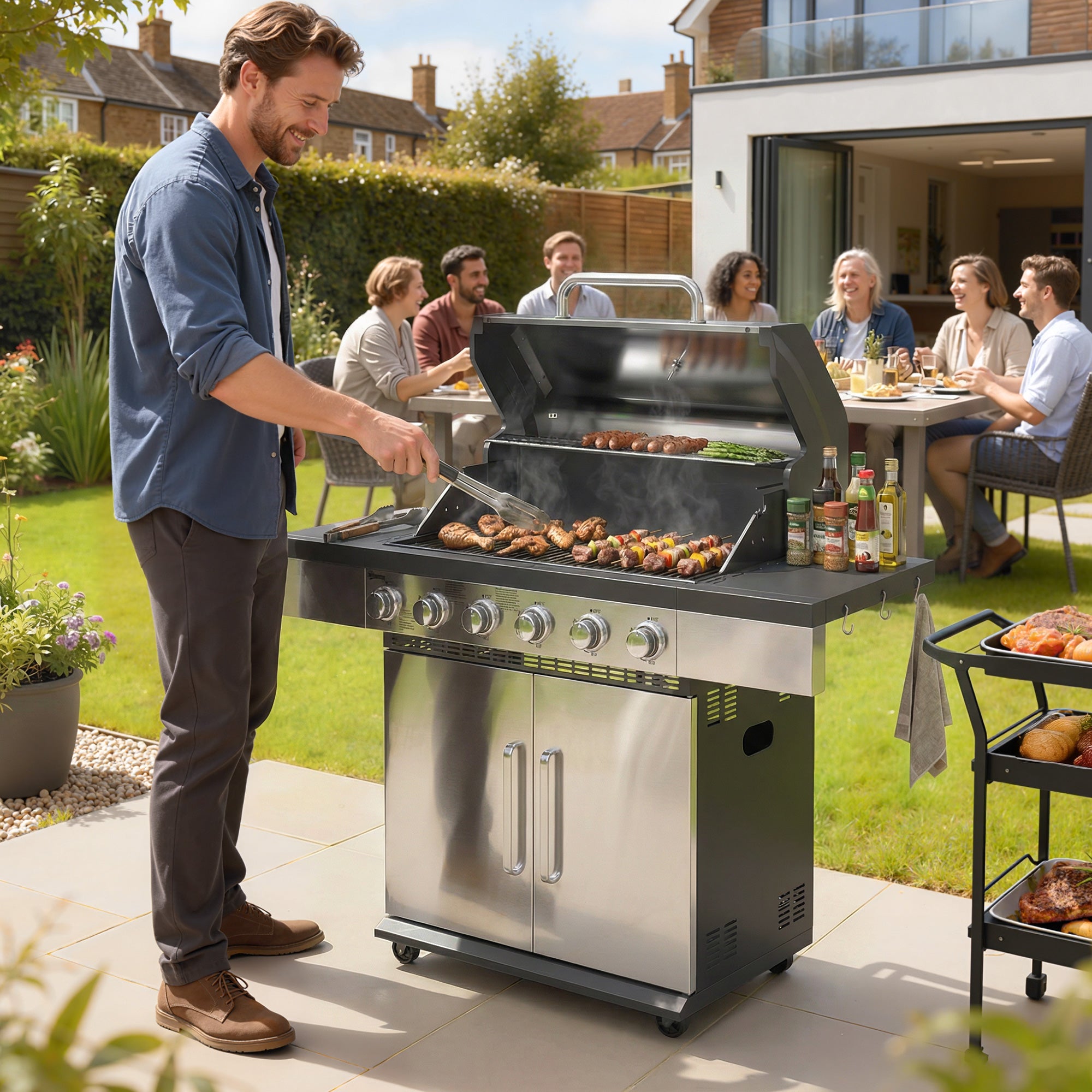Outsunny 6 Burner Liquid Propane Gas BBQ Grill, Outdoor Portable Gas Barbecue Grill with Warming Rack, Side Tables, Cabinet 