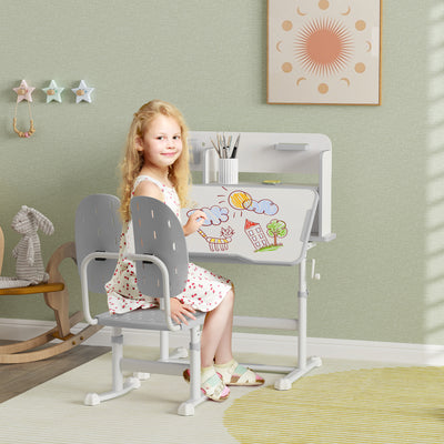 AIYAPLAY Height Adjustable Kids Desk and Chair Set, Children School Study Desk with Tiltable Desktop, Reading Rack, Grey 