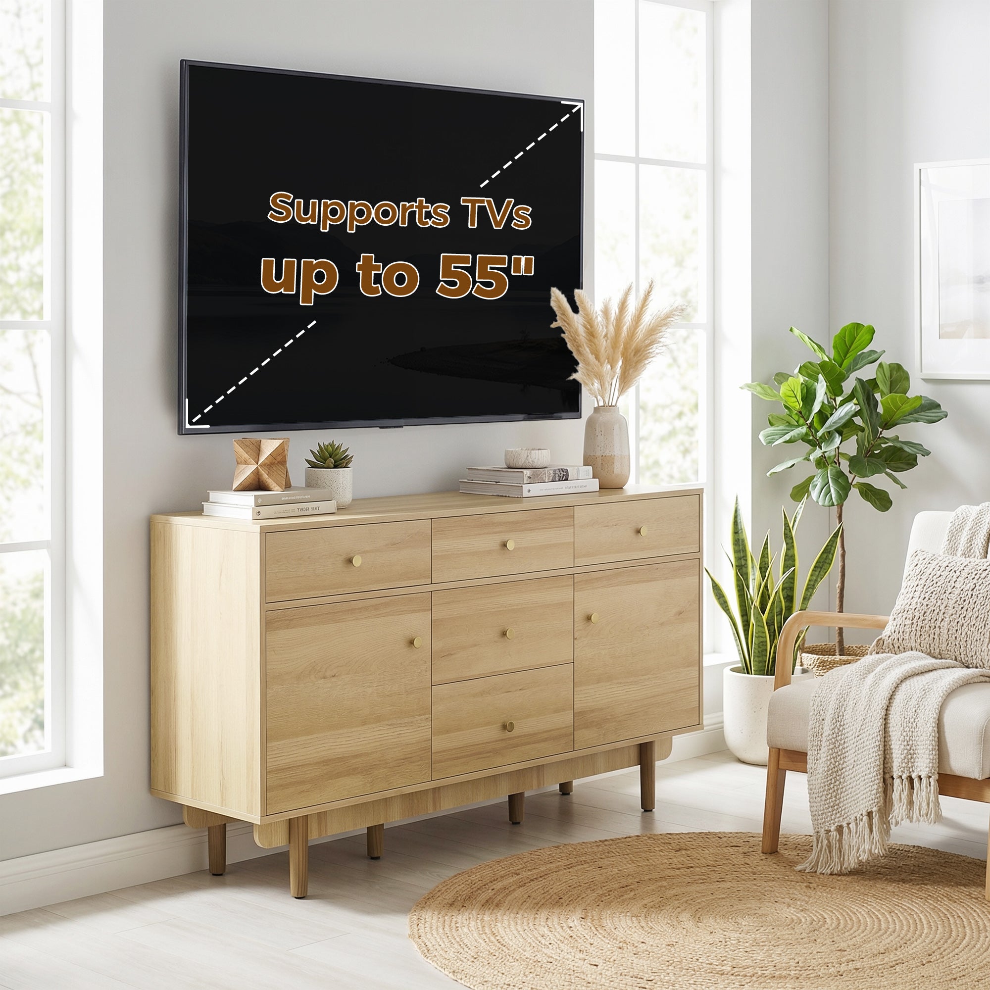 HOMCOM Sideboard with 5 Drawers and 2 Cabinets Buffet Cabinet with Solid Wood Legs 136 cm Walnut 