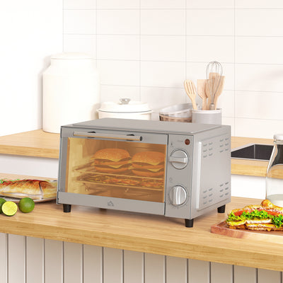 HOMCOM Mini Oven, 9L Countertop Electric Grill, Toaster Oven with Adjustable Temperature, Timer, Dishwasher Safe Baking Tray and Wire Rack, 750W, Silver 
